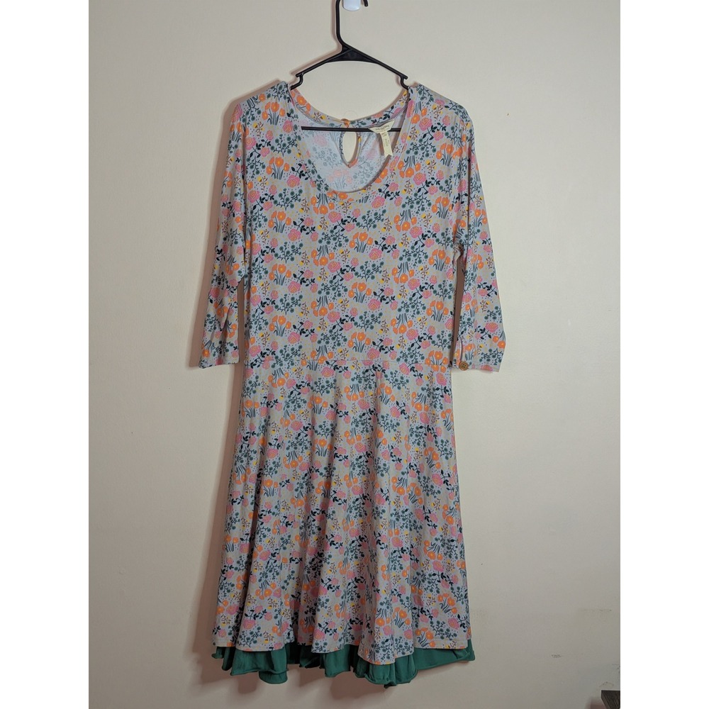 Matilda Jane Joanna Gaines Floral Ruffle Hem Knit Dress Womens L Gray Green 3/4